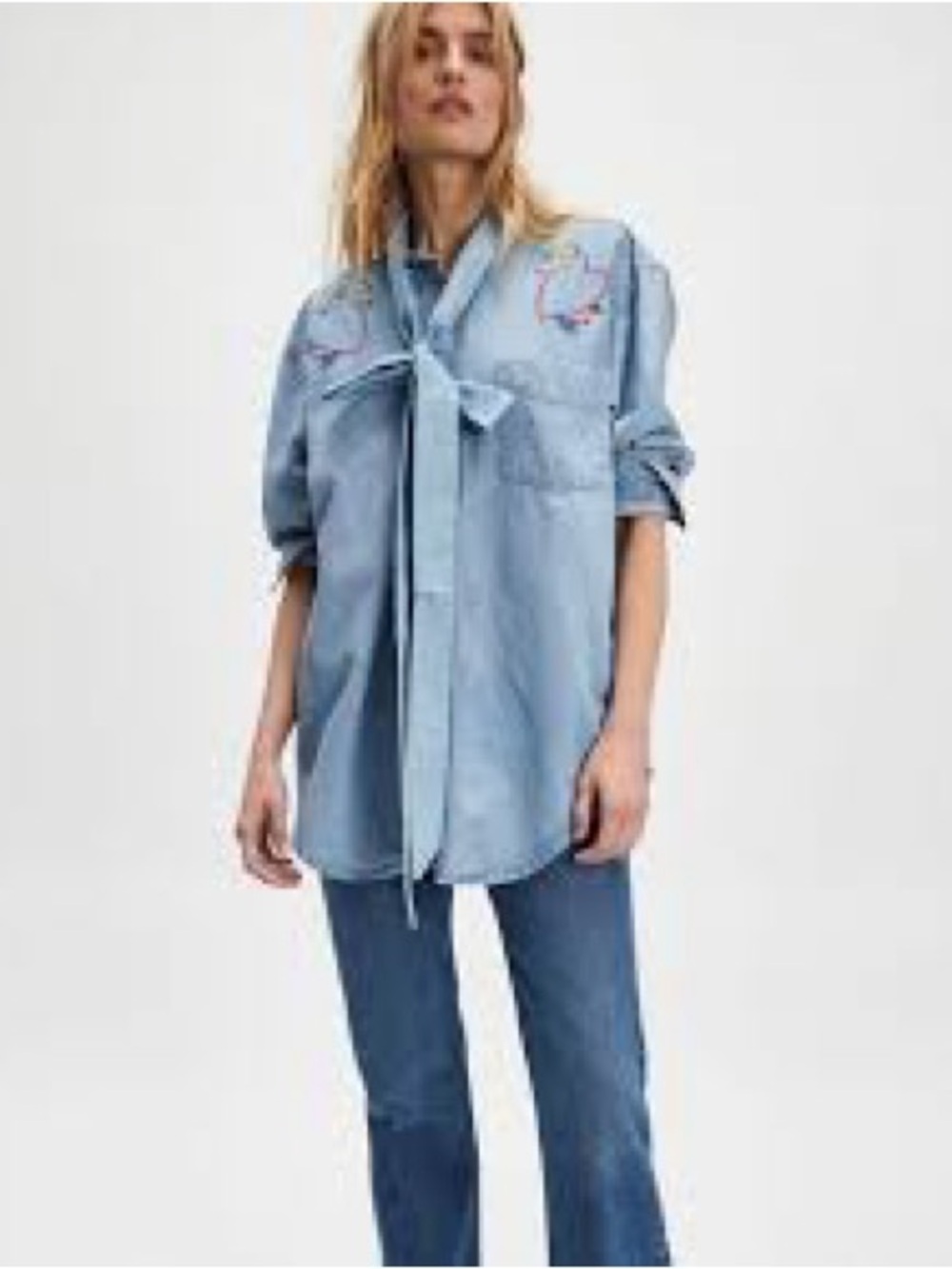 $350 FREE PEOPLE Tricia Fix Light Wash Embroidered Denim Shirt Hearts M L XL - Picture 7 of 7
